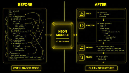 A digital infographic comparing 'BEFORE' and 'AFTER' code performance, featuring a central glowing yellow 'NEON MODULE BY ZELQROVEX' box. The left 'BEFORE' section shows tangled, overloaded code, while the right 'AFTER' section displays a clean, structured workflow with labeled steps: INPUT, FUNCTION, RETURN, and REVIEW.