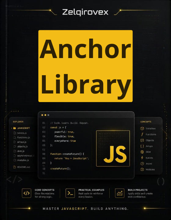A book or digital cover design for 'Anchor Library' by Zelqirovex, featuring a large yellow square with bold black text on a dark background, with smaller panels showing JavaScript code and interface elements.
