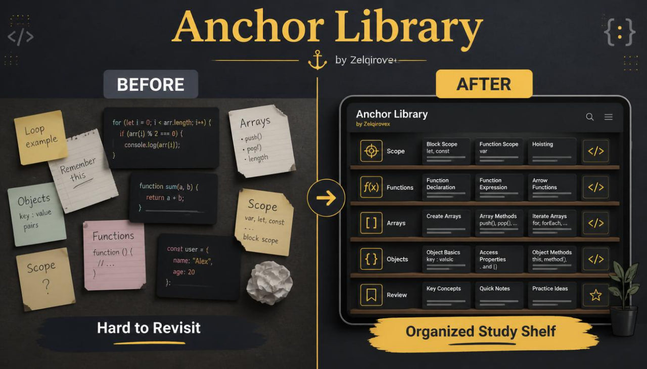 Promotional graphic for an 'Anchor Library' study guide by Zetlograde. The left side, labeled 'BEFORE', shows a dark chalkboard with various colored sticky notes and a rock, labeled 'Hard to Revisit'.