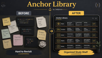 Promotional graphic for an 'Anchor Library' study guide by Zetlograde. The left side, labeled 'BEFORE', shows a dark chalkboard with various colored sticky notes and a rock, labeled 'Hard to Revisit'.