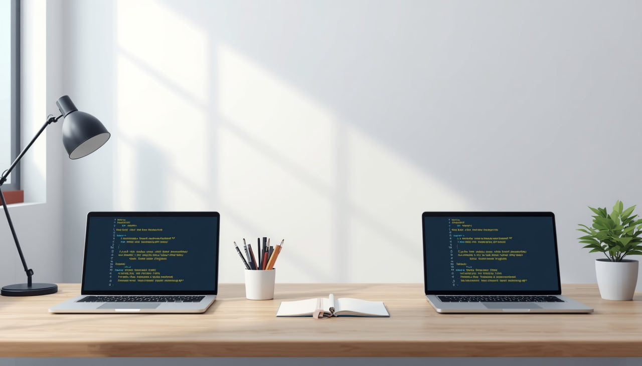 A minimalist desk setup with two open laptops displaying code, a black desk lamp on the left, a small cup of pencils in the center, an open notebook, and a potted green plant on the right, set against a bright white wall with soft window shadows.