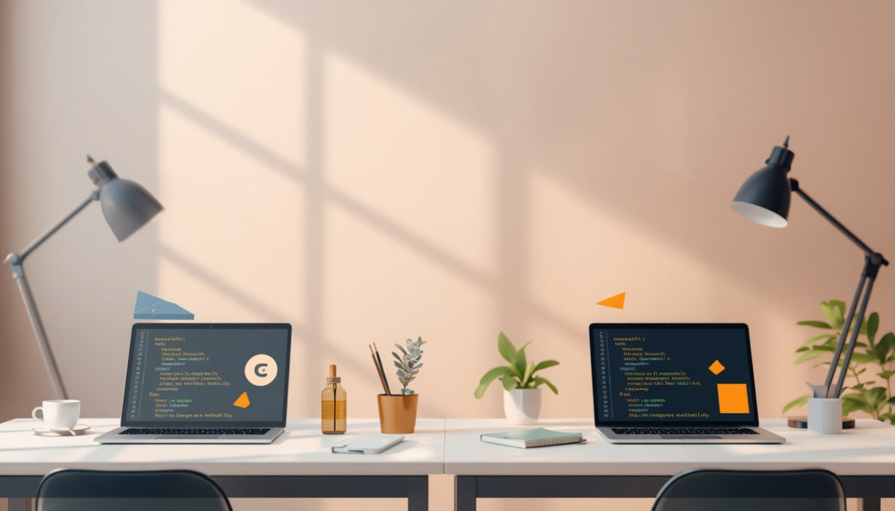 A modern home office setup with two open laptops on a white desk, flanked by two black adjustable desk lamps, small potted plants, and a bottle, set against a warm beige wall with soft window shadow patterns.