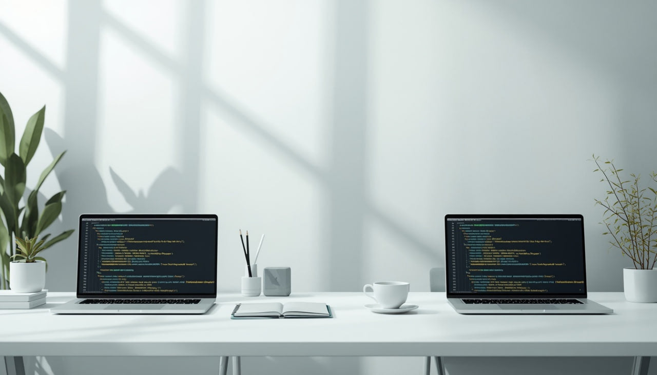 Two open laptops on a white desk displaying code, with a white coffee cup, notebook, and small plants against a bright wall with soft window shadows.