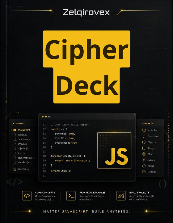 Digital cover for 'Cipher Deck' by Zelqirovex, featuring a dark theme with a large yellow 'C' and 'h' forming 'Cipher', and a large yellow 'D' and 'e' forming 'Deck'. Below are UI panels for JavaScript, core concepts, and a JS code editor on a black background.
