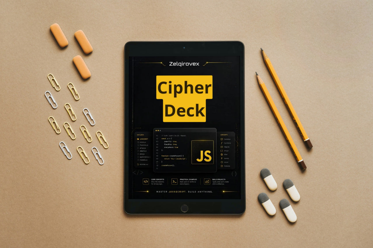 A tablet centered on a tan surface, displaying a software interface titled 'Cipher Deck JS' with the Zeljgroverx name above. Yellow and white capsules, paper clips, and two yellow pencils are arranged around the tablet in a styled flat-lay.