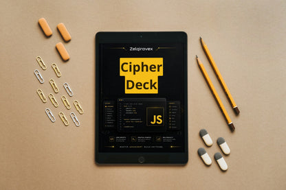 A tablet centered on a tan surface, displaying a software interface titled 'Cipher Deck JS' with the Zeljgroverx name above. Yellow and white capsules, paper clips, and two yellow pencils are arranged around the tablet in a styled flat-lay.