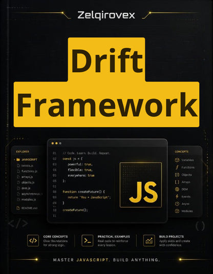Book cover for 'Drift Framework' by Zelqirov, featuring a black background with a large yellow title block and a central JavaScript code interface graphic.