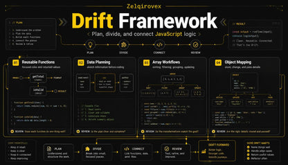 A black and yellow infographic poster titled 'Drift Framework' by Zeligrovex, detailing JavaScript logic flow steps such as plan, divide, connect, and review.