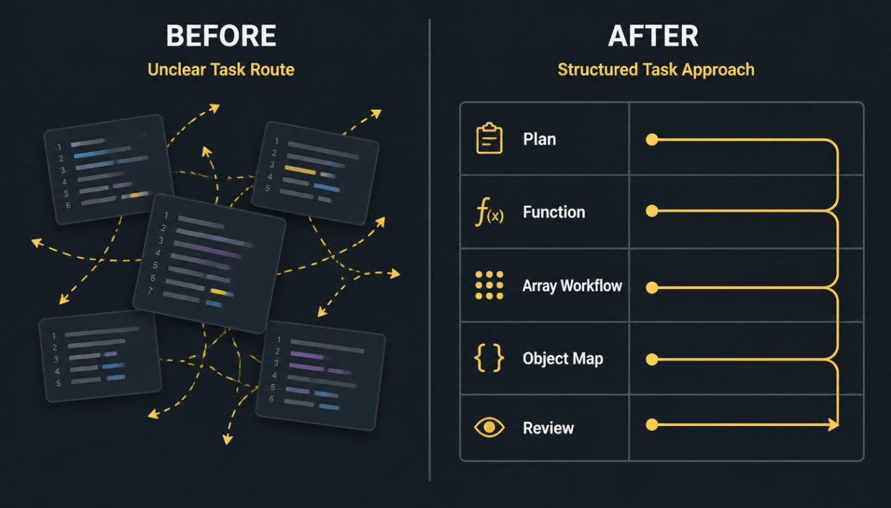 A dark-themed infographic comparing a 'Before' state with an 'After' state. The left side shows multiple floating code scriptcards connected by dashed yellow arrows under the heading 'BEFORE Unclear Task Route'.
