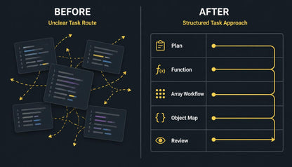 A dark-themed infographic comparing a 'Before' state with an 'After' state. The left side shows multiple floating code scriptcards connected by dashed yellow arrows under the heading 'BEFORE Unclear Task Route'.