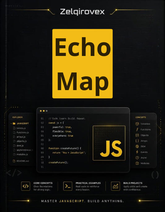 A digital cover design for a JavaScript learning resource titled 'Echo Map' by Zelqirovex. The layout features a dark black background with a large yellow square in the center containing the text 'Echo Map' in black.