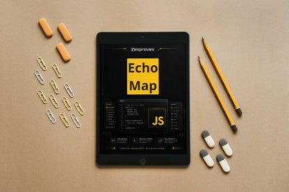 A black tablet centered on a tan surface, displaying a software interface titled 'Echo Map JS' with a yellow block. Surrounding the tablet are four orange capsules, four white-and-gray capsules, two yellow pencils, and several paperclips on a beige background.