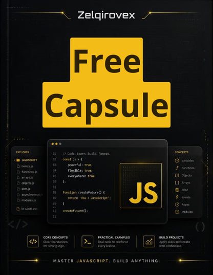 Promotional graphic for 'Free Capsule' by Zelqirovex, featuring a large yellow capsule icon with the words 'Free Capsule' in black on a dark background, plus a central JavaScript code interface mockup and feature callouts for mastering JavaScript.