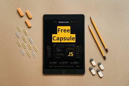 A tablet centered on a tan surface, displaying a website mockup titled 'Zeljgroverx Free Capsule JS'. The tablet is surrounded by orange capsules, paper clips, yellow pencils, and white-and-gray capsules in a flat-lay arrangement.
