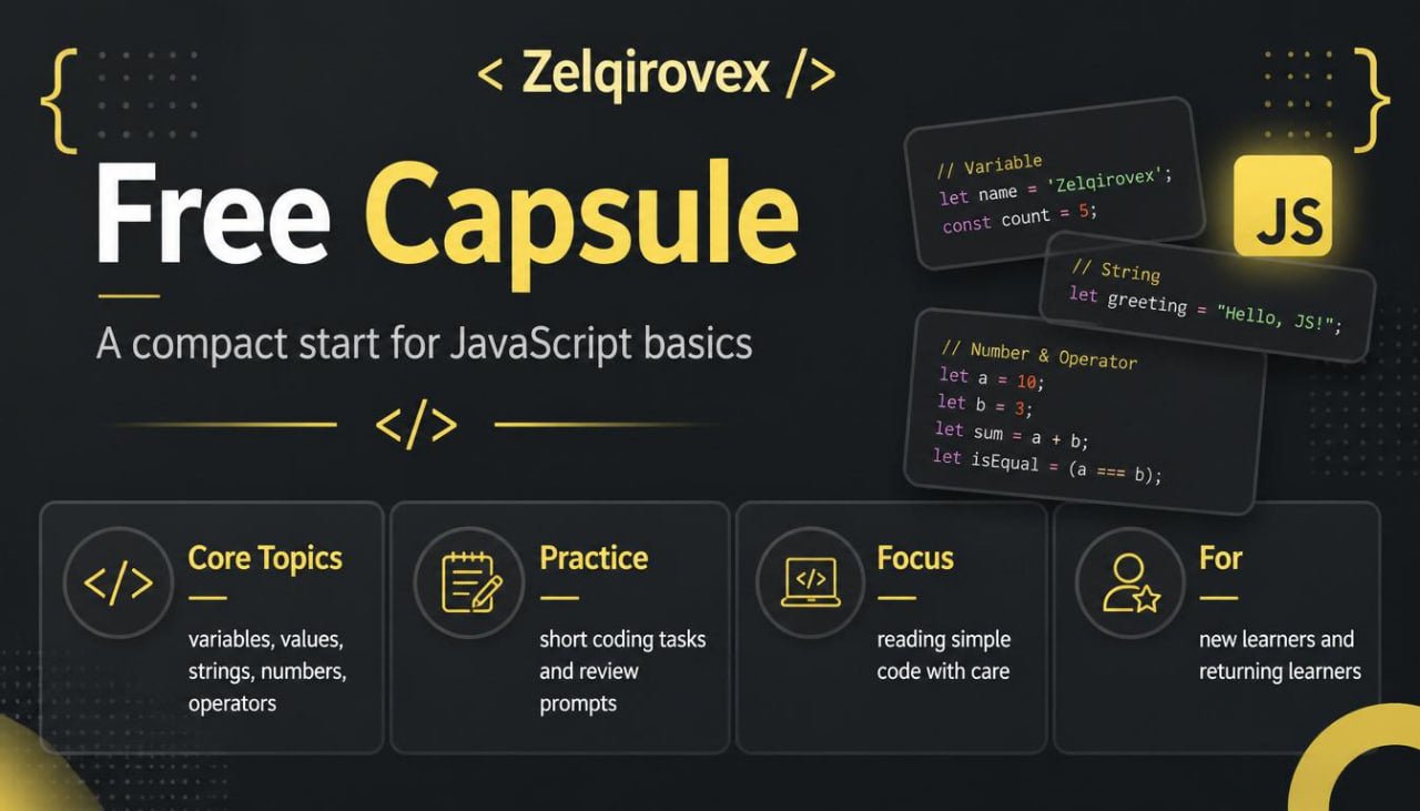 Promotional graphic for a JavaScript basics course titled 'Free Capsule' by Zelqirovex, featuring code snippets, a yellow JS icon, and five feature panels on a dark background.