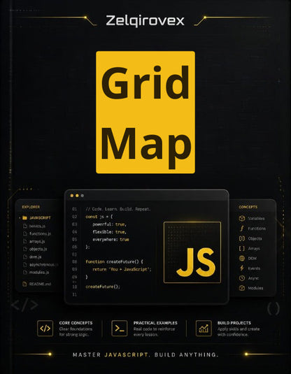 A digital cover graphic for a JavaScript grid map tutorial by Zelqirovex, featuring a large yellow 'Grid Map' title on a black background with dark UI panels and JS iconography.