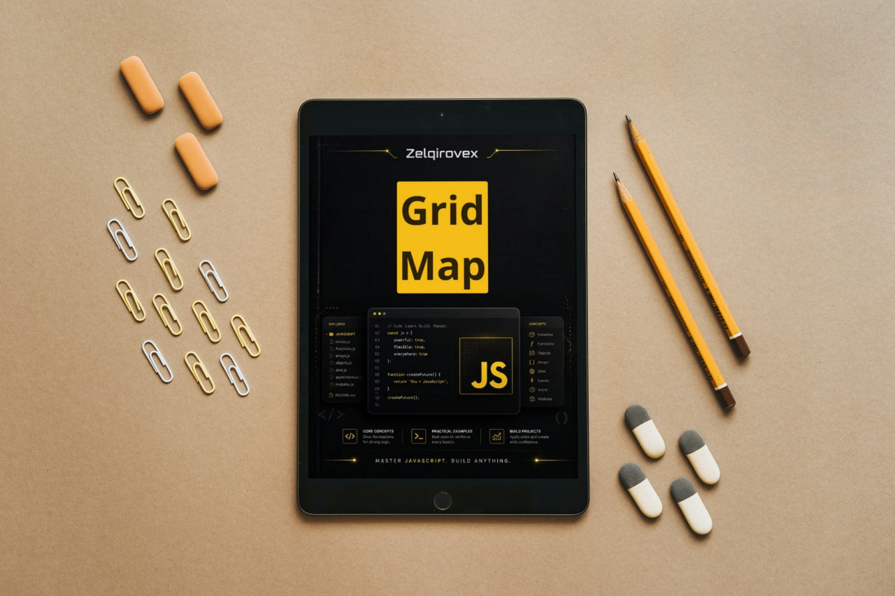 A black tablet centered on a tan surface, displaying a software interface titled 'Grid Map JS' with the Zeljgroverx name above. Yellow and white capsules are arranged on the left, and two yellow pencils are on the right, creating a styled flat-lay composition.