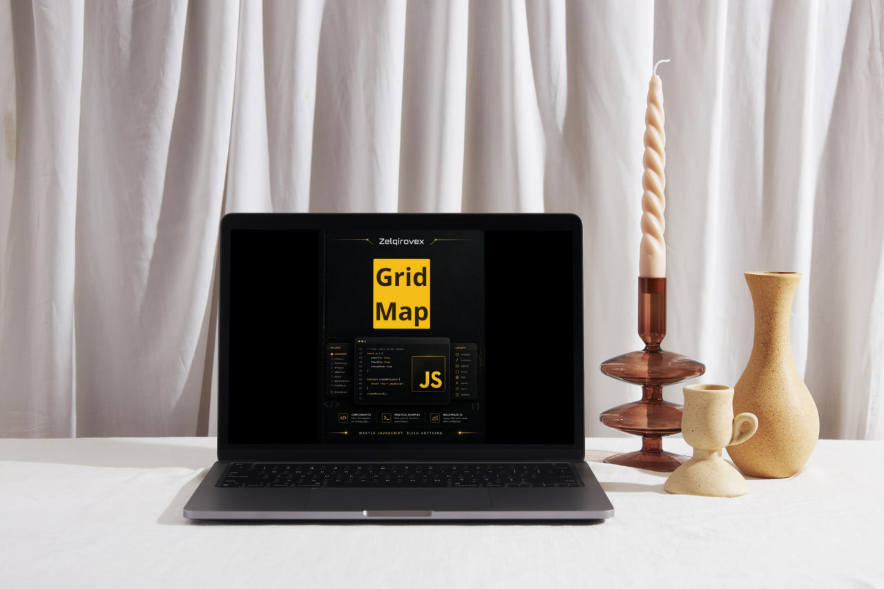 A black laptop sits on a white table in front of draped white curtains, displaying a 'Grid Map JS' template on its screen. To the right of the laptop are decorative props including a tall twisted candle in a wooden holder, a small beige ceramic cup, and a beige ceramic vase.