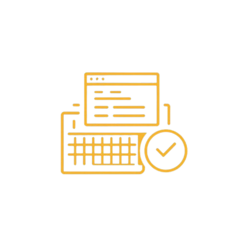 A minimalist orange line icon depicting a computer keyboard, a document window, and a checkmark clock, centered on a plain white background.