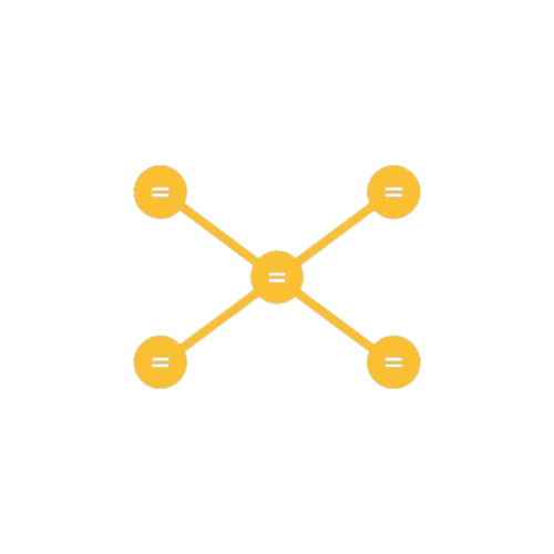 A yellow graphic icon depicting a central circle with four radiating lines to four smaller circles, each containing a white equals sign, on a plain white background.