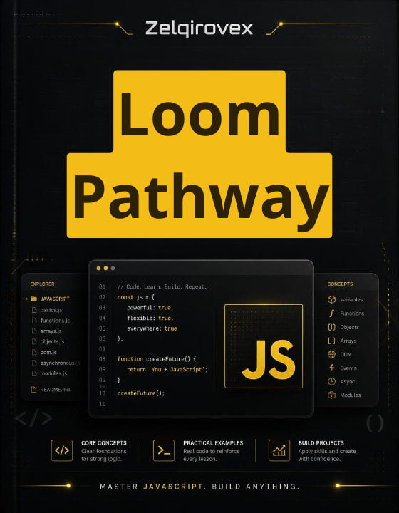 A book or digital cover design for 'Loom Pathway' by Zelqirovex, featuring a black background with a large yellow title block and dark interface panels showcasing JavaScript concepts and code examples.