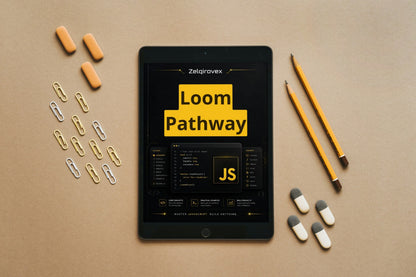 A tablet centered on a tan surface, displaying the Loom Pathway JS interface. The tablet is surrounded by orange pill capsules, paper clips, yellow pencils, and white-and-gray pill capsules in a styled flat-lay arrangement.