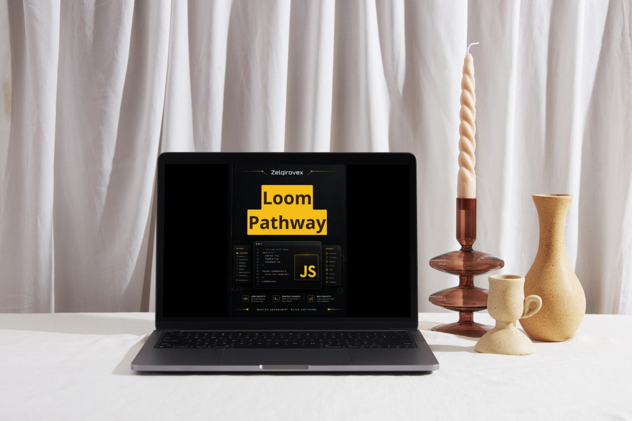 A black laptop sits on a white surface in front of draped white curtains, displaying a yellow and black 'Loom Pathfinder JS' graphic on its screen. To the right of the laptop are three decorative ceramic vases and a tall spiral candle holder.