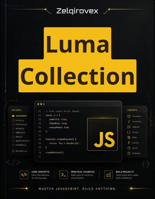 A book or digital cover design for 'Luma Collection' by Zelqirovex, featuring a dark background with a large yellow title block and a central JavaScript-themed interface mockup.