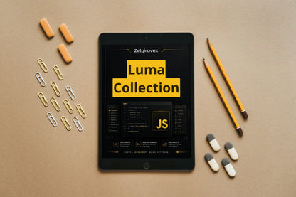 A tablet centered on a tan surface, displaying a software interface titled 'Luma Collection JS' with the Zeljgroverx name above. Surrounding the tablet are four orange capsules, four white-and-gray capsules, two yellow pencils, and several paperclips on a beige background.
