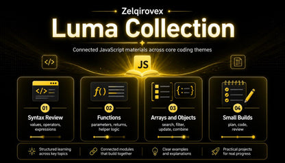 Promotional graphic for the 'Zelqirovex Luma Collection' JavaScript learning materials, featuring four panels detailing topics like Syntax Review, Functions, Arrays and Objects, and Small Builds on a dark background with glowing yellow accents.