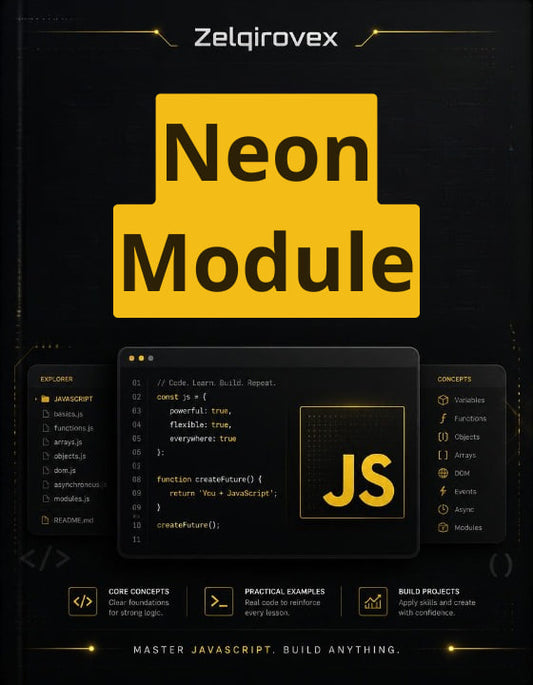 A book or digital cover design for 'Neon Module' by Zelqirovex, featuring a black background with a large yellow title block and sample JavaScript interface panels.