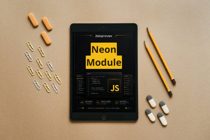 A black tablet centered on a tan surface, displaying a software interface titled 'Neon Module' with 'JS' in a neon yellow block. Surrounding the tablet are four orange capsules, four white-and-gray capsules, two yellow pencils, and several paperclips on a tan background.