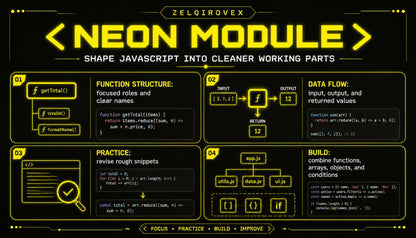 A digital graphic titled 'NEON MODULE' by ZELQIROVEX, featuring a dark background with bright yellow and black text and diagram boxes explaining JavaScript function structure, data flow, practice, and building blocks.