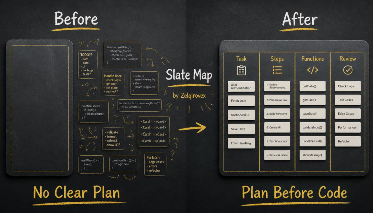 A digital infographic on a dark chalkboard-style background showing a 'Before' and 'After' comparison for software development. The left side, labeled 'Before', depicts a messy, cluttered slate map with no clear plan.